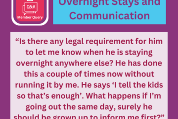A graphic with a member query about overnight stays and communication. The query asks: “Is there any legal requirement for him to let me know when he is staying overnight anywhere else? He has done this a couple of times now without running it by me. He says ‘I tell the kids so that’s enough’. What happens if I’m going out the same day, surely he should be grown up to inform me first?”
