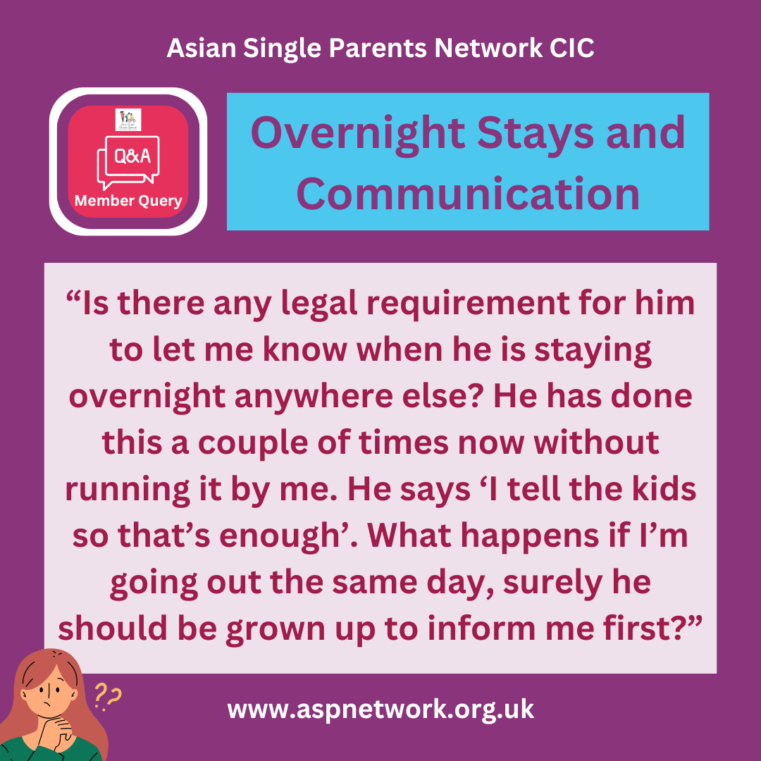 A graphic with a member query about overnight stays and communication. The query asks: “Is there any legal requirement for him to let me know when he is staying overnight anywhere else? He has done this a couple of times now without running it by me. He says ‘I tell the kids so that’s enough’. What happens if I’m going out the same day, surely he should be grown up to inform me first?”